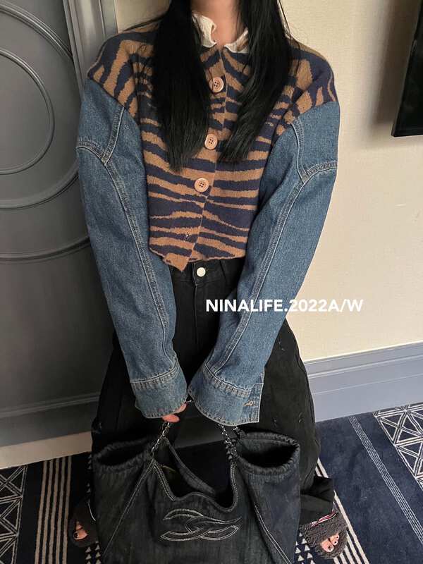 Autumn on the new![NINA LIFE] Cowboy Stripe Splice Short Coat 22271 # ZXL