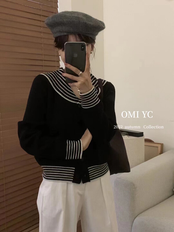 [O MI] Navy Collar Stripe Color Breasted Thermal Sweater 23516 # FHX