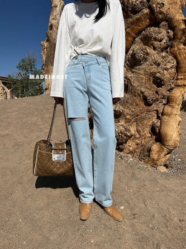 [Osha MADEINOST] Early autumn new cut design inclined waist light blue jeans 87018
