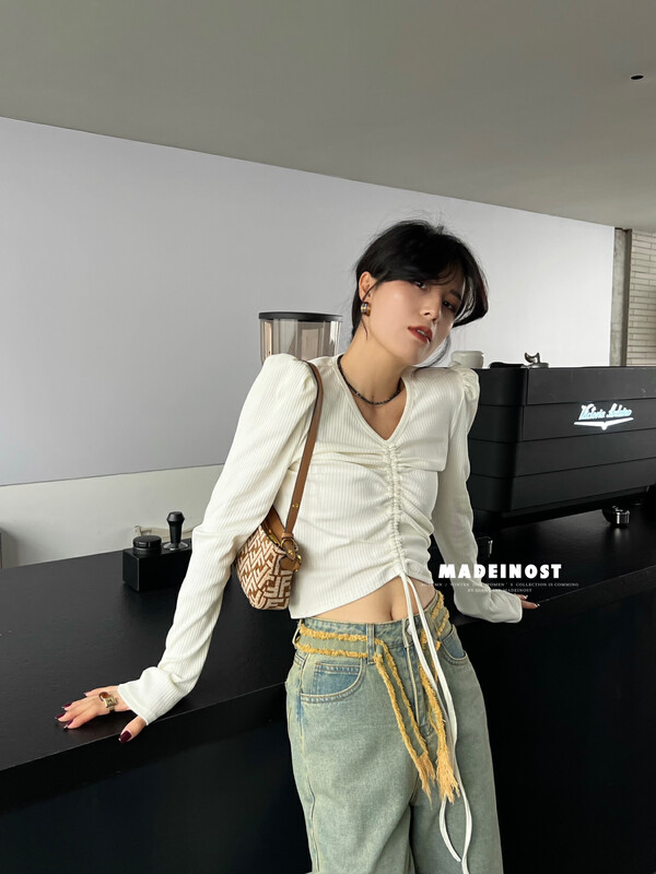 [Osha MADEINOST] Autumn new bubble sleeve drawstring pit bar knit long sleeve T-shirt 87169 # FHX