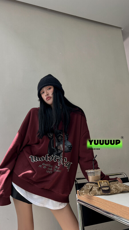 [FISH YU] American Retro Doberdog Letter Print Hoodie 622588 # CQW