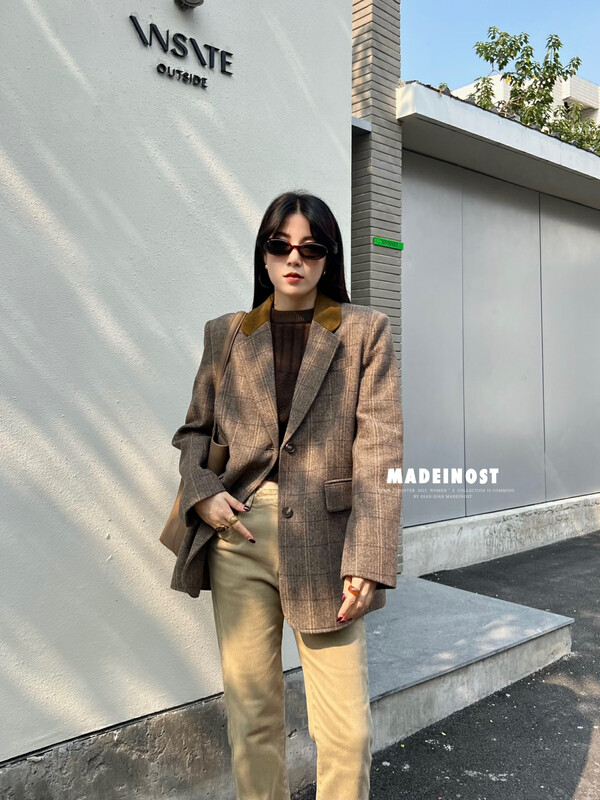 [Ousha MADEINOST] Autumn and winter new vintage port style pattern color blocking suit woolen cloth 87219