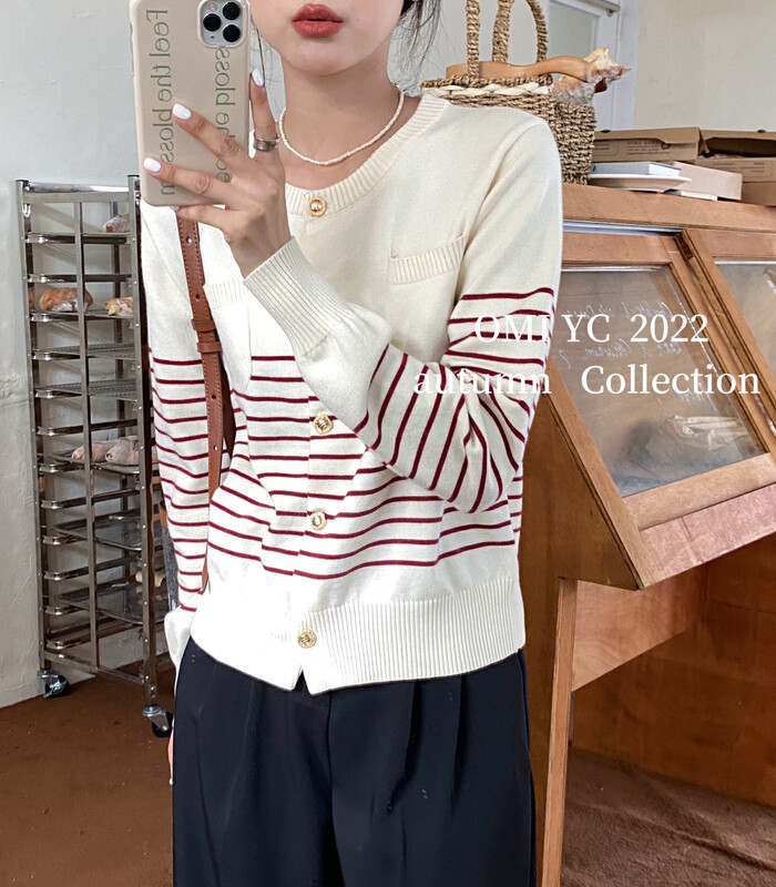 [O MI] Korean casual and versatile striped sweater knitted cardigan YS1881