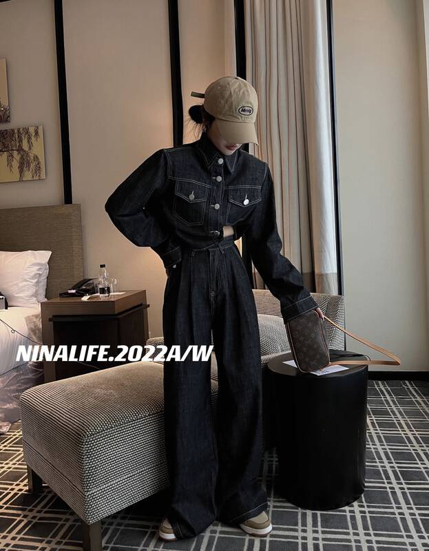 Early autumn on the new![NINA LIFE] Korean fashion denim jacket + straight tube loose jeans set 6229 # ZXL