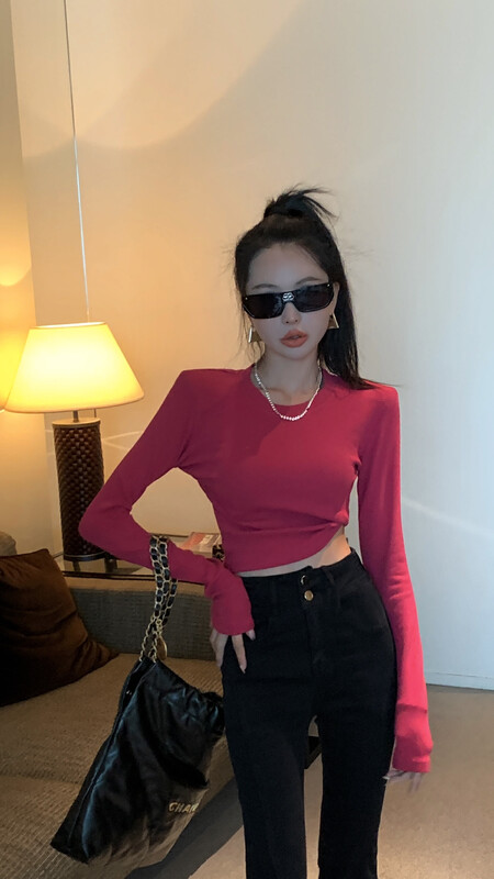 Early autumn on the new![Yuan Xi] Heart back hollow bottom long sleeve T-shirt YS5-3011 # LSL