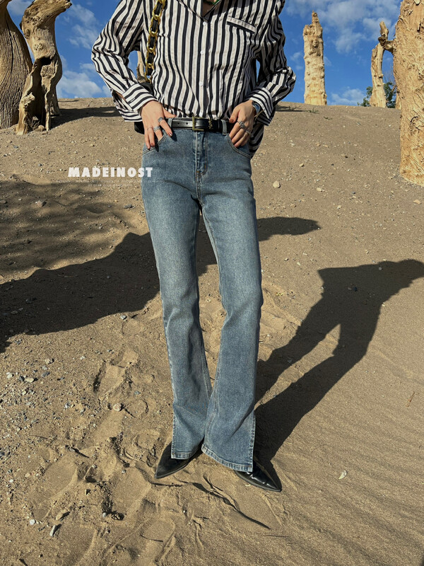 [Ousha MADEINOST] New vintage blue chopsticks with split leg stretch jeans 87058 in early autumn