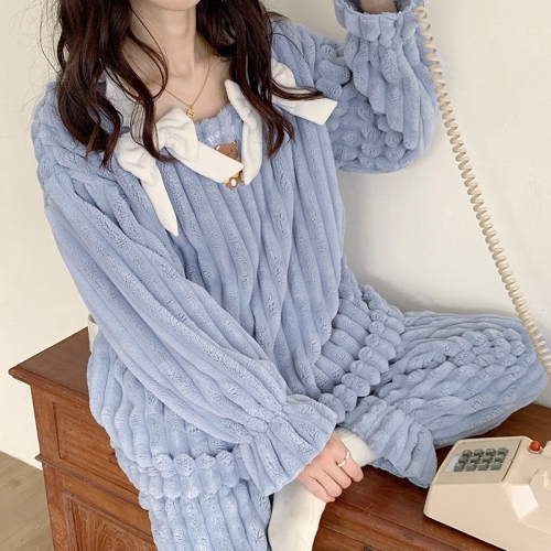 Real photo jacquard velvet pajamas women autumn and winter thick plush warm coral velvet home clothing women's suit