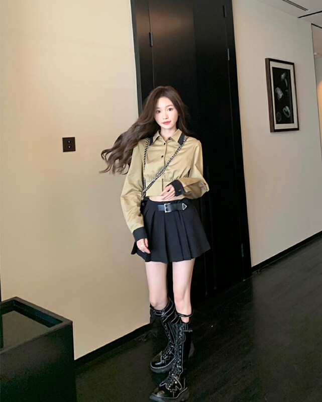[Amanda] premium sense polo collar khaki short shirt 8818 # PCZ