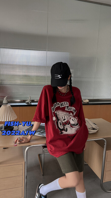 [FISH YU] American Vintage Cartoon Letter Print Rusted Short Sleeve T Shirt 22611