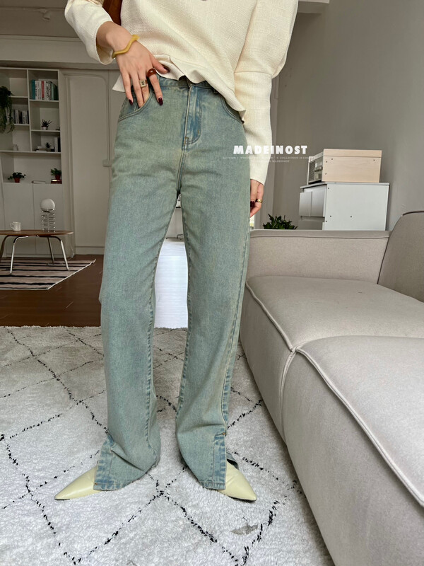 [Osha MADEINOST] Autumn new side slit simple straight leg jeans vintage do old 87210
