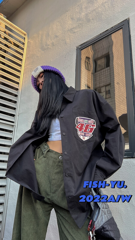 [FISH YU] American Retro front and rear print thickened wash water frosted shirt 22608