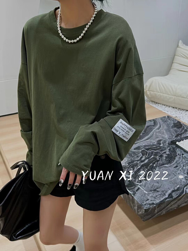 Autumn on the new![Yuan Xi] Solid color round collar logo loose inside with long sleeve T-shirt 7099 # LSL