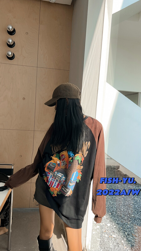 [FISH YU] American vintage print, contrast color, patchwork, rotator sleeve and thick-worn hoodie 22613 # CQW