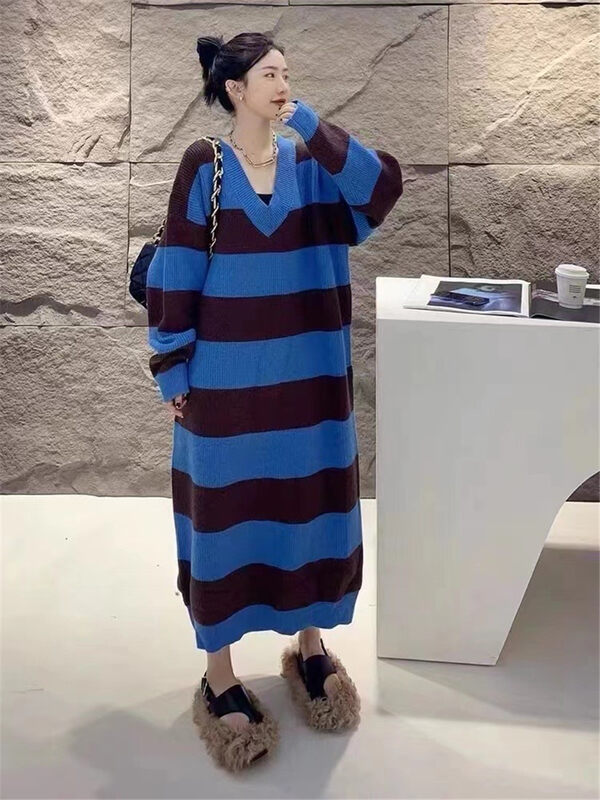New autumn and winter![Yan Zhen] Casual V-neck stripe medium and long straight tube dress 9927 # PCZ