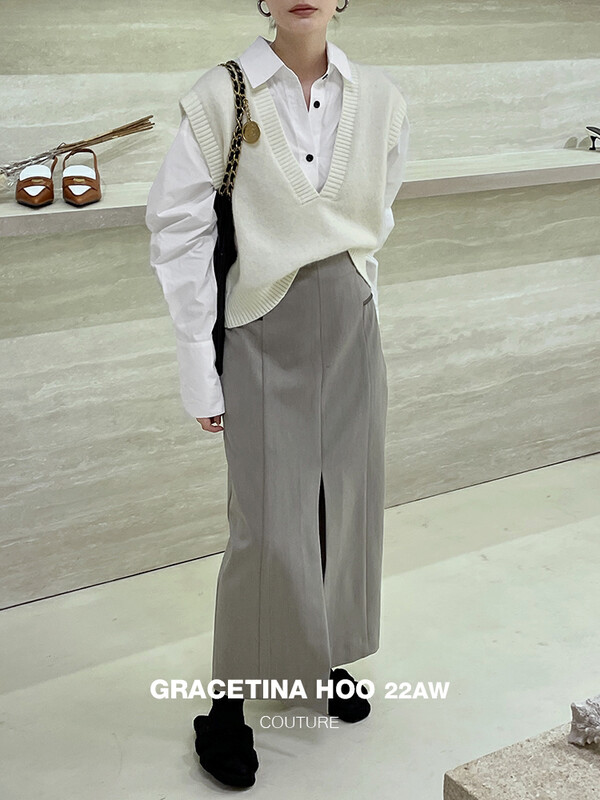 [GRACETINA HOO] Fashion front slit long skirt (line sense imported PU leather decoration) BQ6285 # CQW