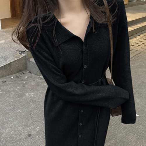 Hot style early autumn dress long sleeve loose show thin inside build knit skirt French gentle wind long wool skirt autumn and winter