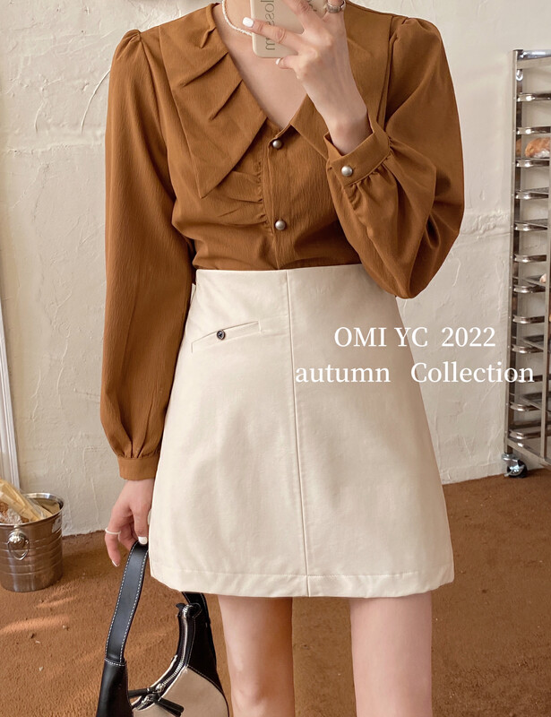 [O MI] High waist shows thin and versatile with a button design skirt leather short skirt 55207