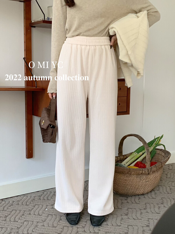 [O MI] Korean version joker elastic waist Chenier pit strip wide leg slacks 66202 # FHX