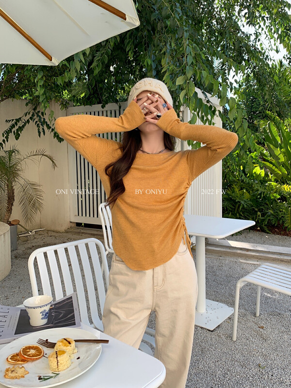 [ONIVINTAGE Ernie] Round neck side drawcord irregular bottom knit OW224N6071
