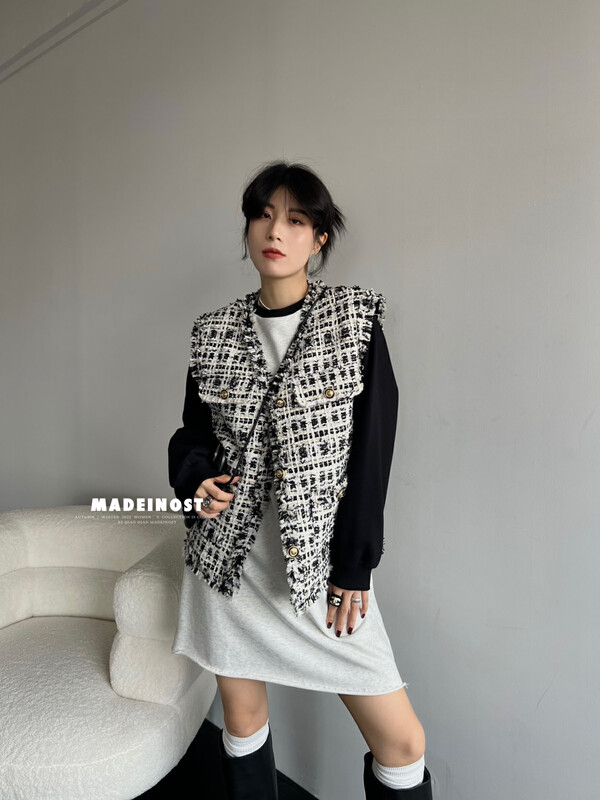 [Ousha MADEINOST] Autumn and winter new high-end small fragrance knitting fur trim vest 87203