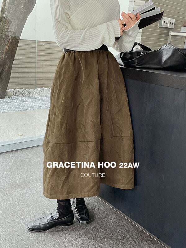[GRACETINA HOO] Small texture high waist fluffy gauze skirt (collision color stitching waist design) BQ2182 # CQW