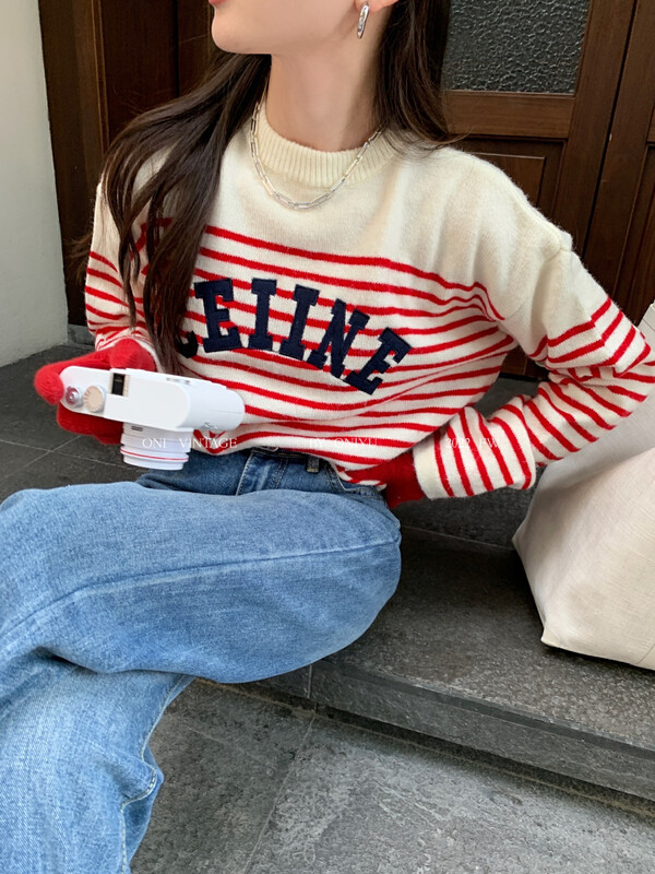 [ONIVINTAGE Ernie] Round Neck Stripe Embroidered Sweater Warm Sweater OW226M6112 # CQW