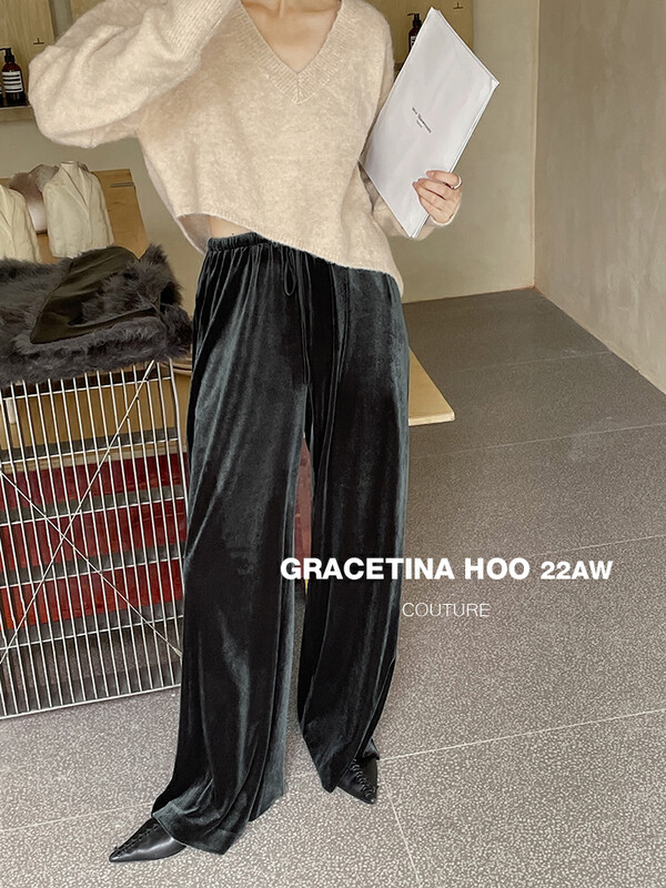[GRACETINA HOO] Design feeling tight waist velvet mop floor casual pants (skin-friendly vertical feeling temperament is versatile) K8206 # CQW