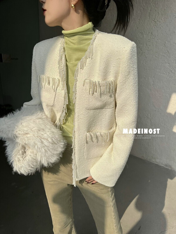 [Osha MADEINOST] Autumn and winter new retro high set small fragrant wind handmade nail pearl short coat 87178