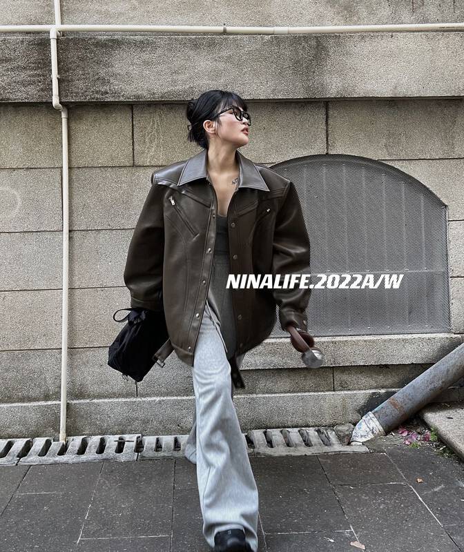 Winter on the new![NINA LIFE] Vintage Loose Locomotive Girl Leather Dress 6366 # ZXL
