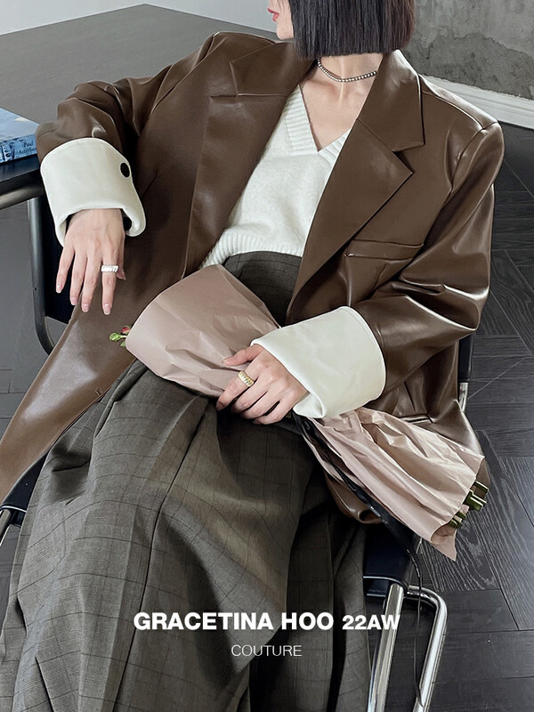 [GRACETINA HOO] Removable cuff suit-type silhouette suit (imported texture PU skin is lazy) WT3142 # CQW