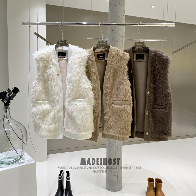 [Osha MADEINOST] Simulated Alpaca fur stitching and wool woven fur integrated vest YS1-YS2-85277
