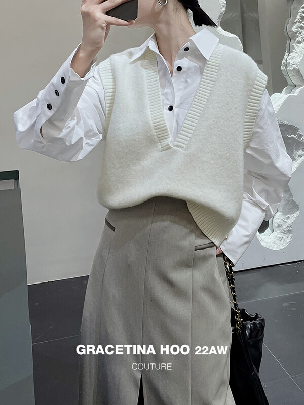 [GRACETINA HOO] Loose and versatile large V-neck vest sweater (high texture and quality Ma hair) Z609 # CQW