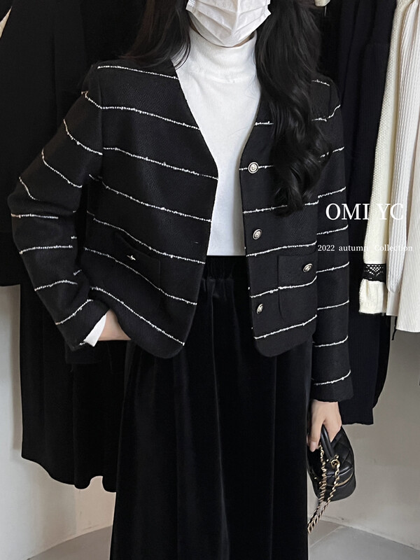 [O MI] V-collar small wind striped coat short coat (versatile simple double pocket design) 33706 # FHX