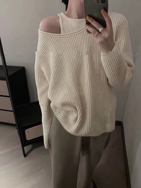 Autumn on the new![MI] Korean version loose round neck sweater + fashion versatile vest set 1693 # PCZ