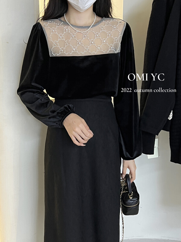 New winter style! [O MI] Bead studded velvet blouse (top only) 88733 # FHX