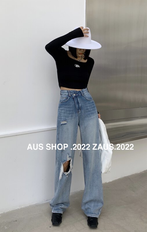 Early autumn on the new![AUS] Korean Straight Hole Jeans S10A # LSW
