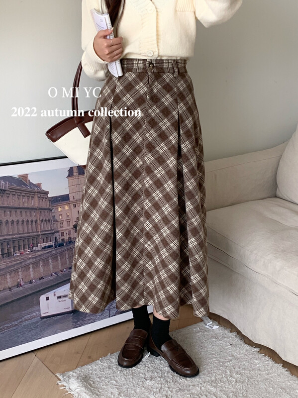 Autumn on the new![O MI] Korean style retro woolen material plaid pressed pleated skirt plus thick half skirt 55213 # FHX