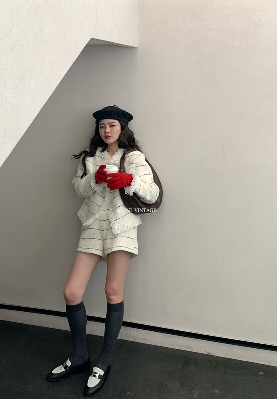 [ONIVINTAGE Ernie] tweed slant placket tassel short coat OL228Q6396