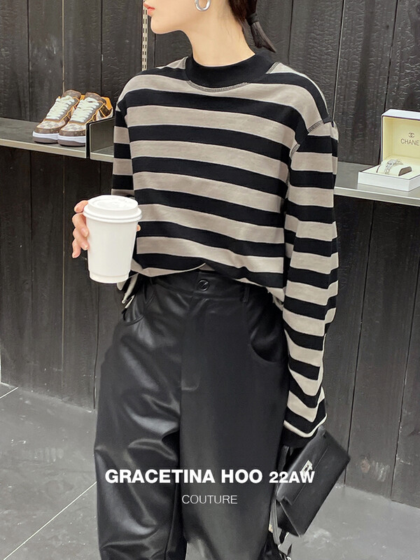 [GRACETINA HOO] Design stripe loose long-sleeved T-shirt (thick hairy side slit design) T6245 # CQW