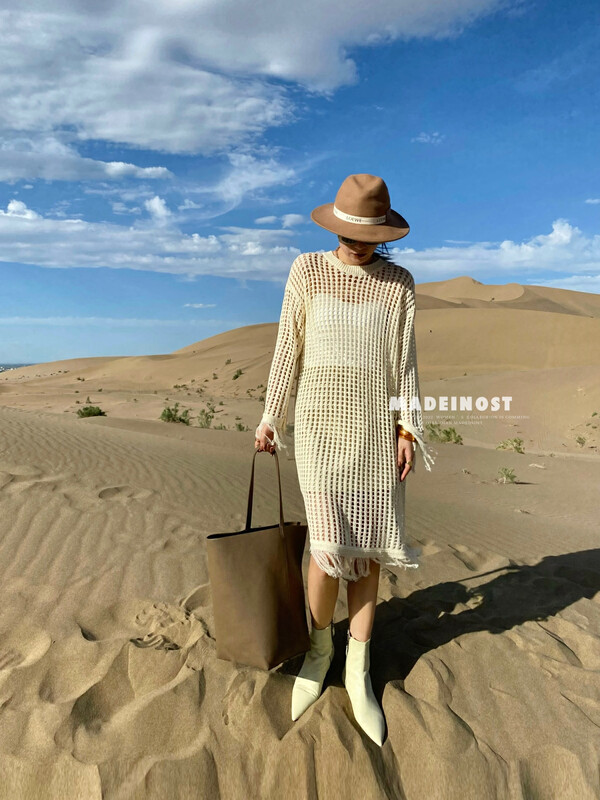 Original price 73.32! [Ousha MADEINOST] New hollow tassel round neck knitted dress S7012 in early autumn