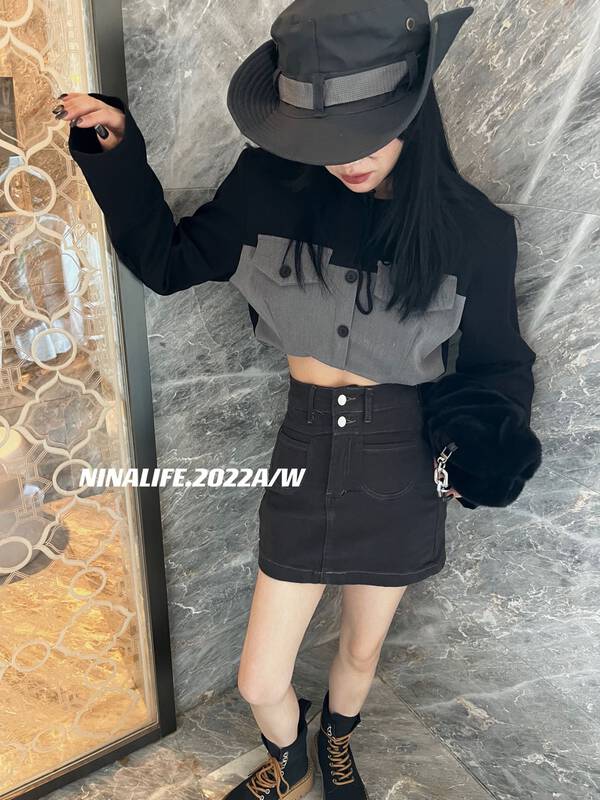 Autumn on the new![NINA LIFE] Spliced design sense of versatile long-sleeved T-shirt 6313 # ZXL