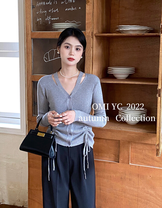[O MI] Korean version V neck dew collarbone draw rope knit shirt stretch large YS-1880
