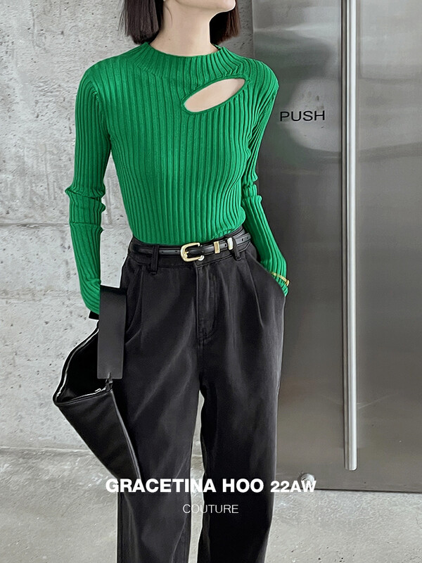 [GRACETINA HOO] Niche half-high-neck hollow-out design long-sleeve sweater (vertical pit strip shows thin and versatile) Z938 # CQW