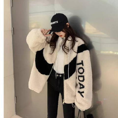 Lamb coat female winter student thick zip half high collar hoodie Korean version plush locomotive suit loose ins