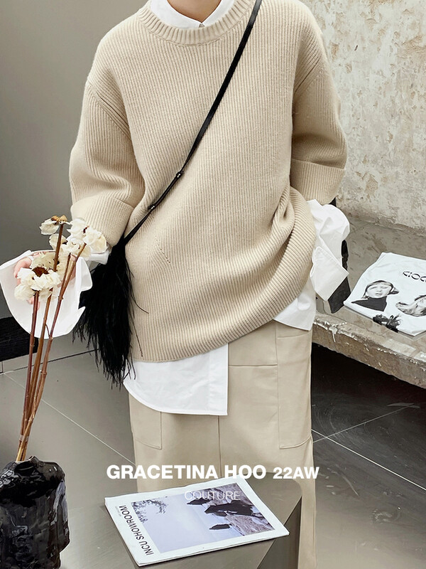 [GRACETINA HOO] Imported soft Andy velvet round neck sleeve sweater can be worn singly or overlapped Z927