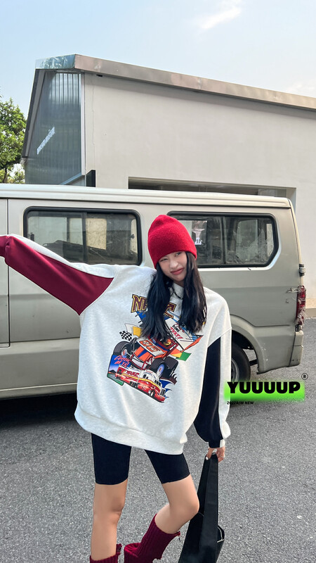 [FISH YU] Vintage Racing 3D digital direct spray print bump color stitching composite fabric hoodie 622632