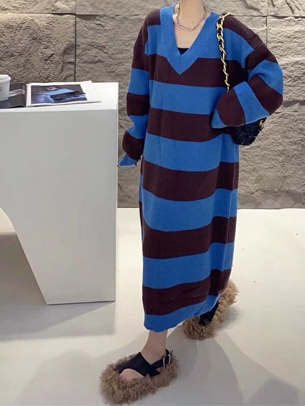 [MI] Korean Loose V-neck Stripe Fashion Dress 1716 # PCZ