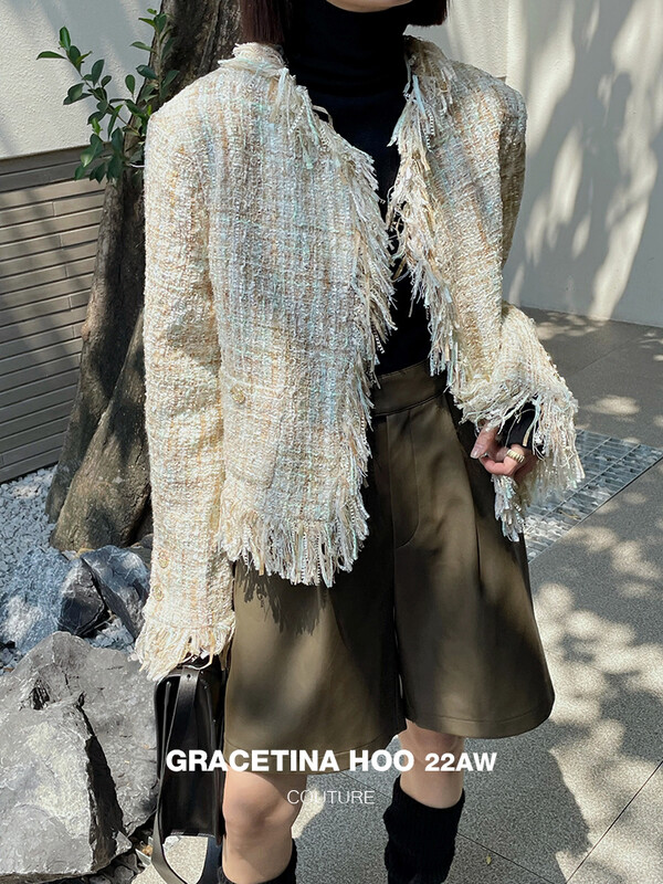 [GRACETINA HOO] Heavy industry handmade tassel small fragrant wind short coat WT6163 # CQW