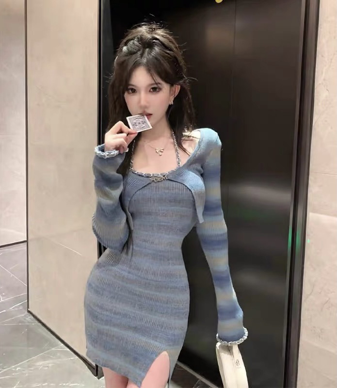 [Amanda] pure desire hottie hanging neck dress + long sleeve versatile cardigan suit 5261 # PCZ