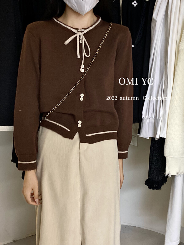 New autumn style! [O MI] Round neck color matching single breasted warm sweater 23501 # FHX